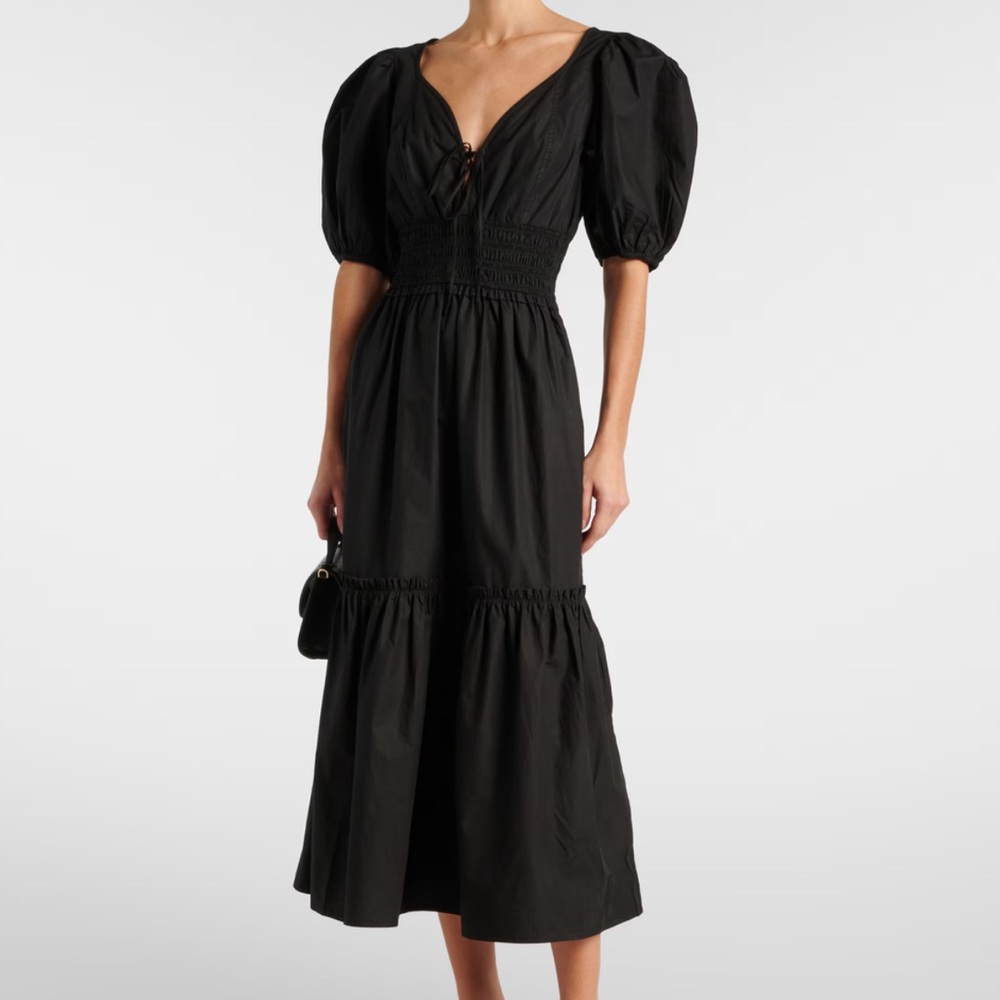 Ganni Smocked Cotton Poplin Midi Dress Black